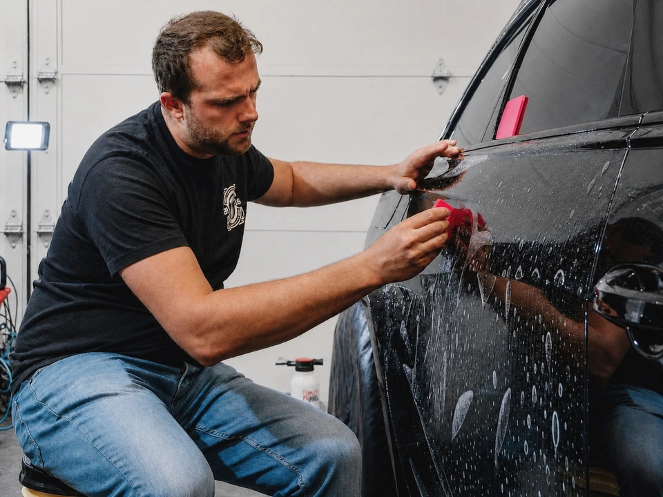 Carrosserie bleue métallisée d'un véhicule en atelier, portant un emblème "A4 Turini" en relief noir