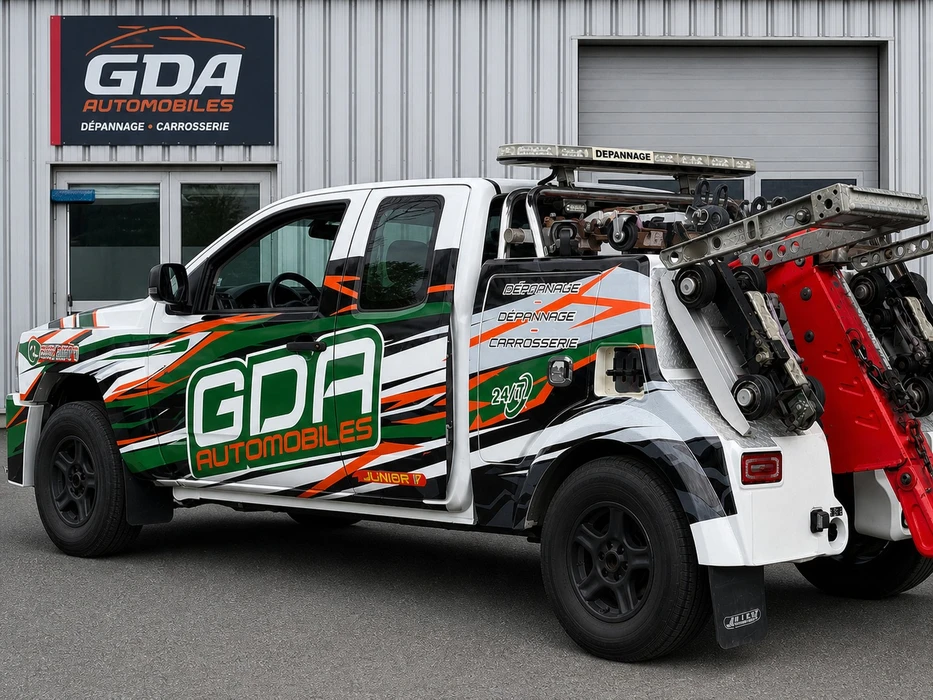 Dépanneuse pick-up GDR Automobiles, covering blanc, vert et orange, équipée d'un bras de remorquage hydraulique et d'une roue de secours