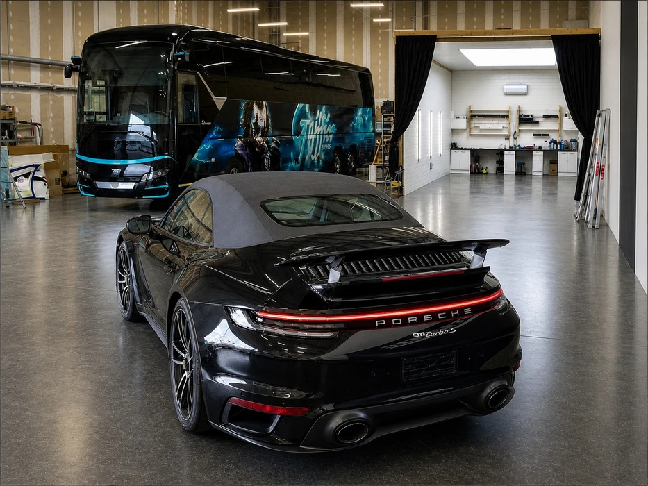 Atelier de customisation automobile, intérieur industriel