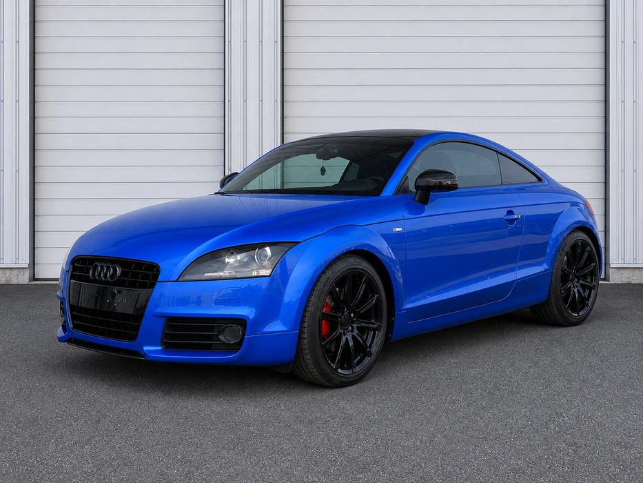 Coupé sport Audi TT (2e génération, MK2) bleu métallisé brillant, garé devant deux portes de garage blanches