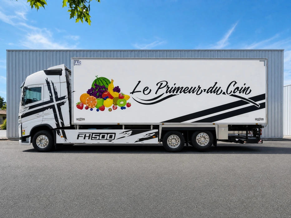 Tracteur routier Scania V8 noir en extérieur, photographié de trois quarts arrière par beau temps